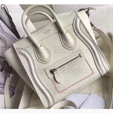 Celine Nano Luggage Bag in Original Smooth Calfskin White/Stitch with Removable Shoulder Strap