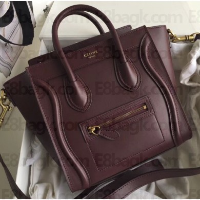 Celine Nano Luggage Bag in Original Smooth Calfskin Burgundy with Removable Shoulder Strap