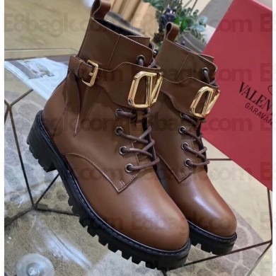 Valentino Calfskin Lace-up Boots with VLOGO Detail Brown 2019