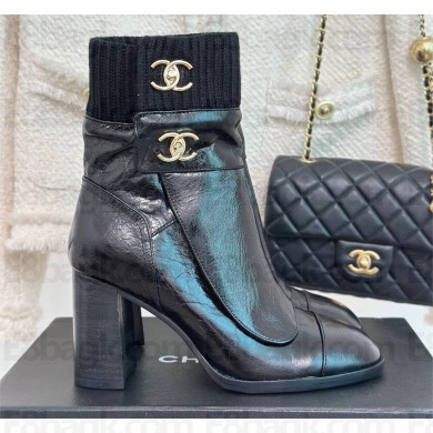 CHANEL heel 8cm black knit boots 2023