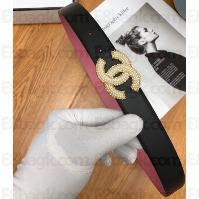 Chanel Width 3cm Crystal CC Logo Buckle Leather Belt Black/Pink