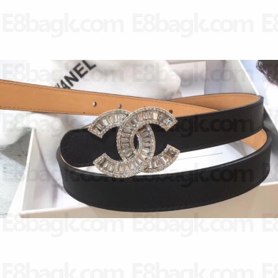 Chanel Width 2cm Crystal CC Logo Buckle Leather Belt Black