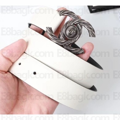 Chanel Width 3cm Braided CC Logo Buckle Leather Belt White
