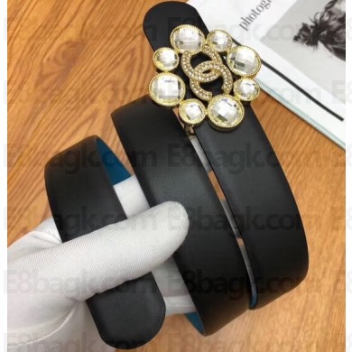 Chanel Width 3cm Crystal and CC Logo Buckle Leather Belt Black/Gold