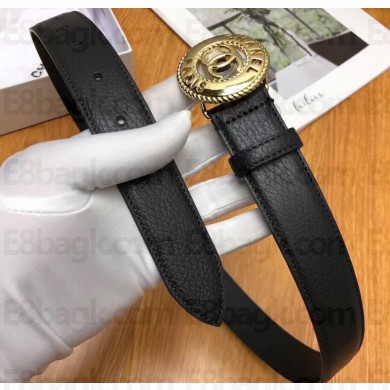 Chanel Width 3cm CC Logo Round Buckle Leather Belt Black/Gold