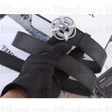 Chanel Width 3cm Crystal Square Buckle Leather Belt Black