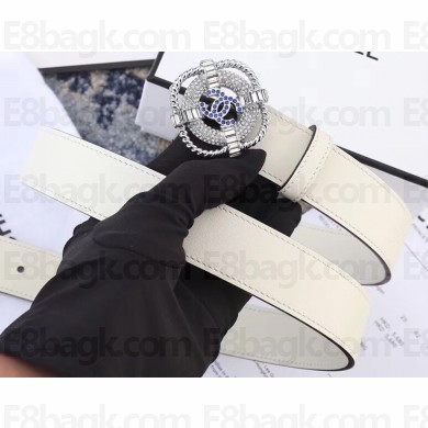Chanel Width 3cm Crystal Square Buckle Leather Belt White