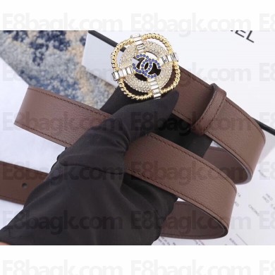 Chanel Width 3cm Crystal Square Buckle Leather Belt Coffee