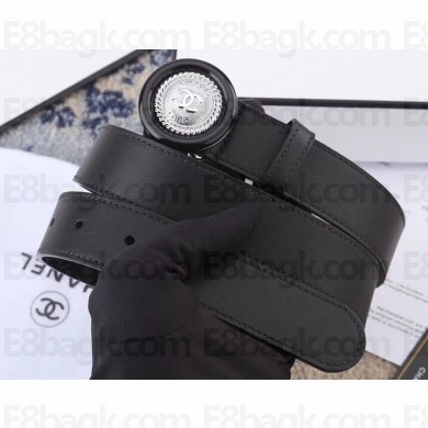 Chanel Width 3cm Button Round Buckle Leather Belt Black