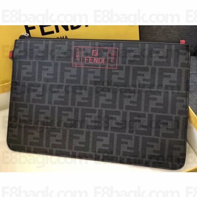 Fendi FF Logo Fabric Zippered Pochette Pouch Bag Black/Red Piping 2019