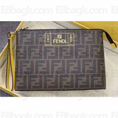 Fendi FF Logo Fabric Medium Slim Pouch Bag Brown/Yellow Piping 2019