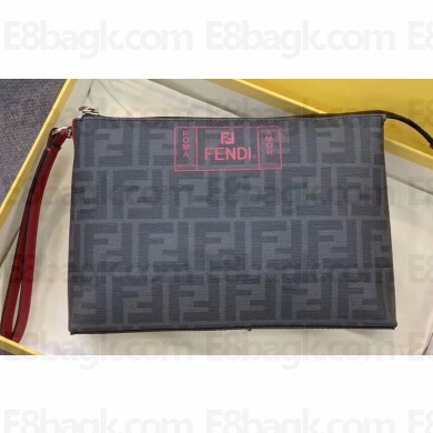 Fendi FF Logo Fabric Medium Slim Pouch Bag Black/Red Piping 2019