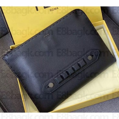 Fendi Roman Leather Pouch Clutch Bag Black