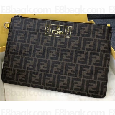 Fendi FF Logo Fabric Zippered Pochette Pouch Bag Brown/Yellow Piping 2019