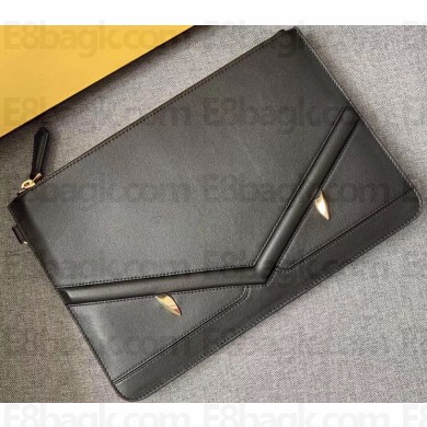 Fendi Bag Bugs Eyes Slim Zippered Pouch Clutch Bag Leather Black 2019