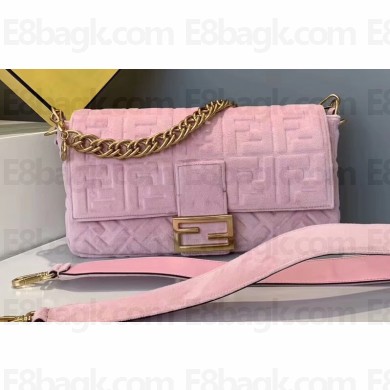 Fendi Velvet Embossed FF Motif Baguette Large Bag Pink 2019