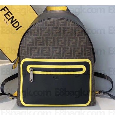 Fendi FF Logo Fabric Large Lackpack Bag with Front Pocket Brown/Yellow Piping 2019