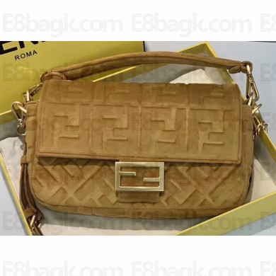 Fendi Velvet Embossed FF Motif Baguette Medium Bag Brown 2019