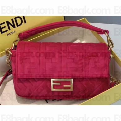 Fendi Velvet Embossed FF Motif Baguette Medium Bag Fuchsia 2019