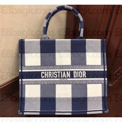 Dior Book Tote Bag In Embroidered Canvas Check Blue 2019