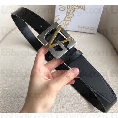 Versace Width 3.2cm Belt Black/Silver With V Buckle