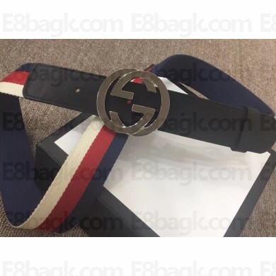 Gucci Width 4cm Sylvie Web and Leather Belt Black with Interlocking G Buckle