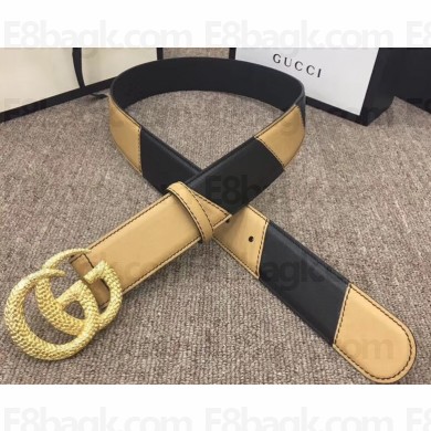 Gucci Width 4cm Diagonal Leather Belt Black/Beige with Textured Double G Buckle