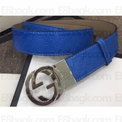 Gucci Width 4cm Signature Leather Belt Blue with Interlocking G Buckle