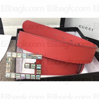 Gucci Width 3.5cm Leather Belt Red with Crystals Square G Buckle