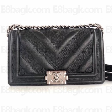Chanel Embossed Chevron Medium Boy Flap Bag Black 2019