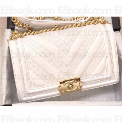 Chanel Embossed Chevron Medium Boy Flap Bag White 2019