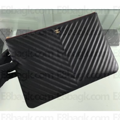 Chanel Classic Pouch Clutch Large Bag A82552 Chevron Lambskin Black/Gold