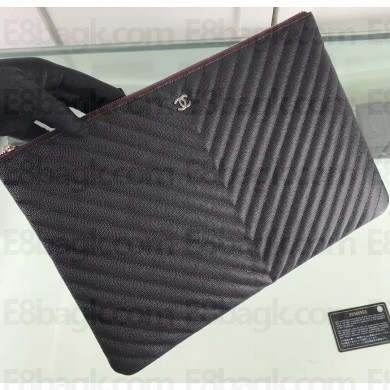 Chanel Classic Pouch Clutch Large Bag A82552 Chevron Caviar Leather Black/Silver