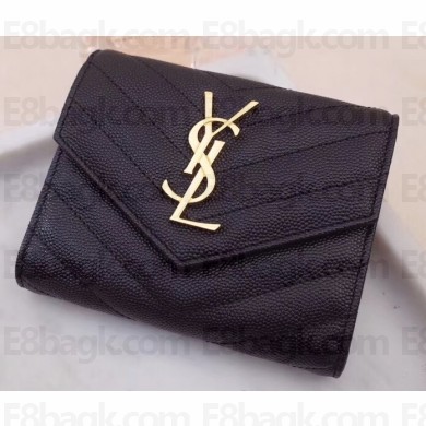 Saint Laurent Monogram Compact Tri Fold Wallet in Grained Embossed Leather 403943 Black/Gold