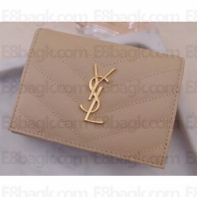 Saint Laurent Monogram Card Case in Grained Embossed Leather 530841 Beige/Gold