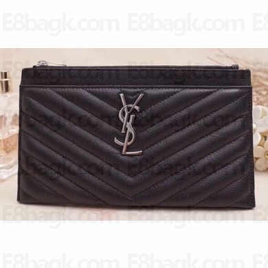 Saint Laurent Monogram Bill Pouch Bag in Grained Embossed Leather 504922 Black/Silver