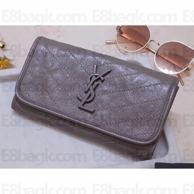Saint Laurent Niki Large Wallet in Crinkled Vintage Leather 583552 Gray