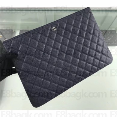Chanel Classic Pouch Clutch Large Bag A82552 Caviar Leather Navy Blue/Silver