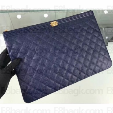 Chanel Boy Pouch Clutch Large Bag A84407 Caviar Leather Royal Blue/Gold