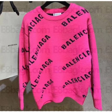 Balenciaga Jacquard All Over Logo Crewneck Sweater Fuchsia 2019