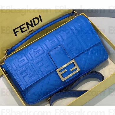 Fendi All-Over FF Motif Leather Large Baguette Bag Blue 2019