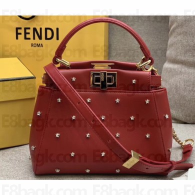 Fendi Star Studs Leather Peekaboo Iconic XS Mini Bag Red