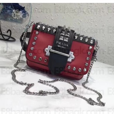 Prada Cahier Studded Calf Leather Bag 1BL004 Black/Red 2018