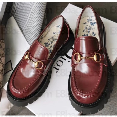 Gucci Heel 5.5cm Leather Lug Sole Loafers with Horsebit 577236 Red 2019