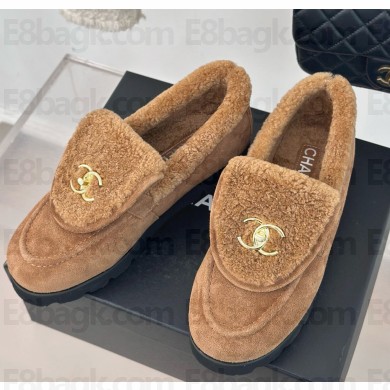 Chanel platform loafers in suede leather with shearling brown 1105-2024