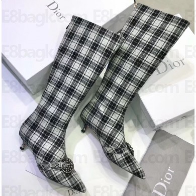 Dior Heel 3.5cm Gang High Boots in Tartan Fabric Black/White 2019