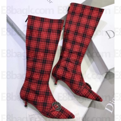 Dior Heel 3.5cm Gang High Boots in Tartan Fabric Black/Red 2019
