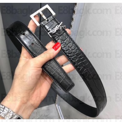 Saint Laurent Width 3cm Monogramme Belt With Square Buckle In Crocodile Embossed Leather Black/Silver