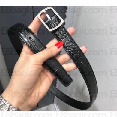 Saint Laurent Width 2.5cm Belt With Paved Buckle In Crocodile Embossed Leather Black/Silver