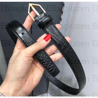 Saint Laurent Width 2.5cm Belt With Triangle Buckle In Crocodile Embossed Leather Black/Gold